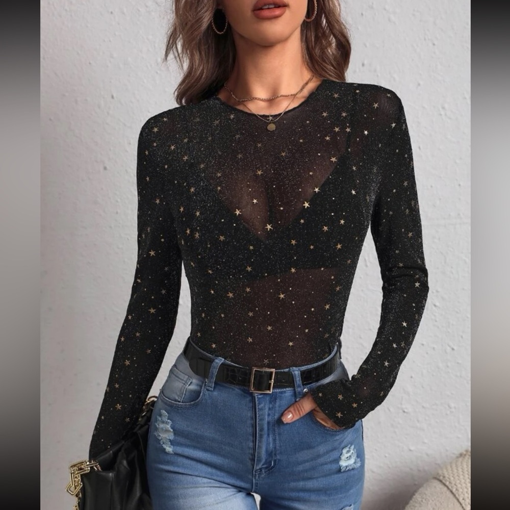 Star mesh shirt top blouse sheer transparent sexy black gold star sequins - Picture 7 of 7